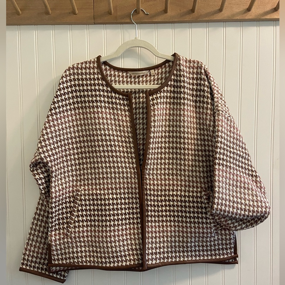 Soft Surroundings Houndstooth Jacket Brown Pink Soft Woven Faux Leather Trim L